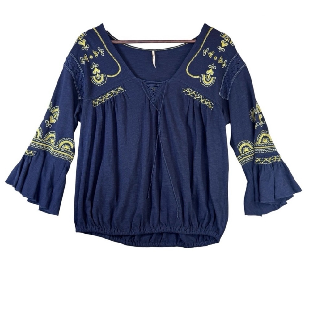 Free People Cotton Women's Chiquita Embroidered Peasant Blouse Navy and Yellow